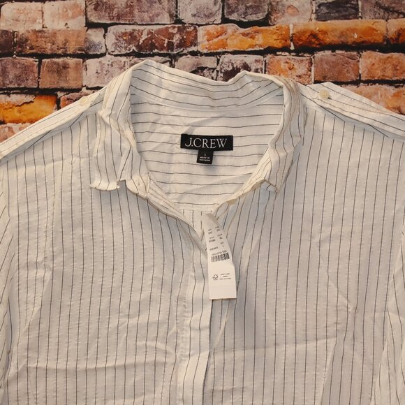 J. Crew Blouse Stripe Long Roll tab Sleeves Epaulets Button Front Women Size L - Picture 4 of 11